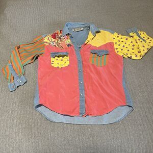 Vintage Y2K 90’s Hype Multicolor Patchwork Denim Festival Long Sleeve Button-Up